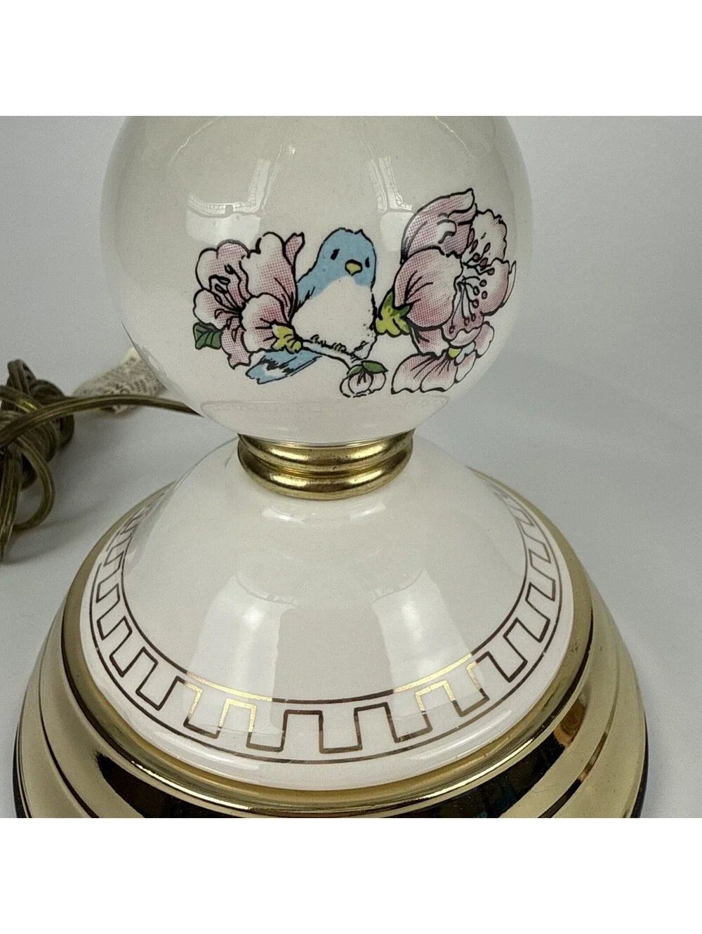 Vintage 3 Way Touch Lamp 6 Panel Glass Blue Bird Floral Brass Table Light 16x10